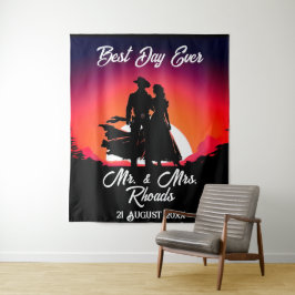 Cowboy en bruid bij Sundown Bruiloft Wandkleed