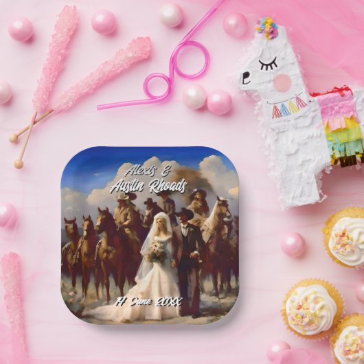 Cowboy en bruid Outdoor bruiloft Papieren Bordje (Feest)