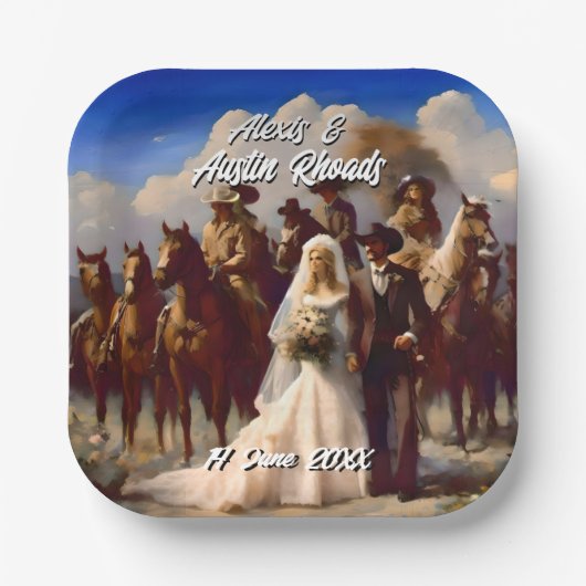 Cowboy en bruid Outdoor bruiloft Papieren Bordje (Voorkant)