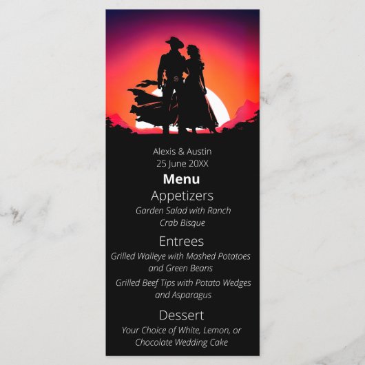 Cowboy en bruid Sundown Westerne stijl bruiloft Menu (Voorkant)