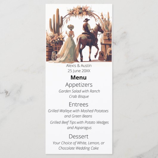 Cowboy en bruid Westerne stijl bruiloft Menu (Voorkant)