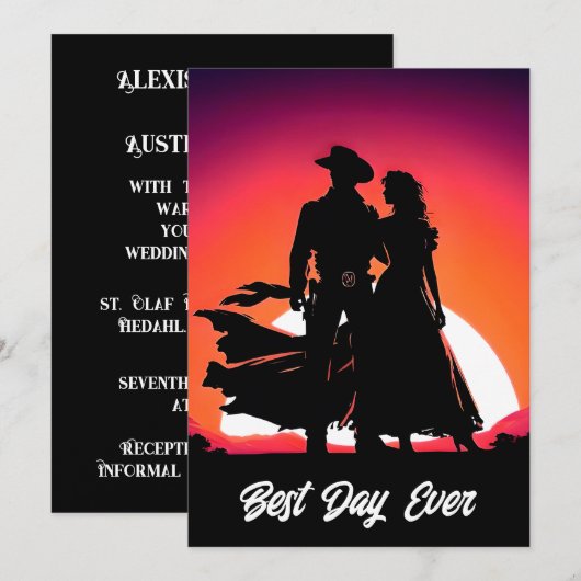 Cowboy en cowgirl beste dag ooit zwart bruiloft kaart (Voorkant / Achterkant)