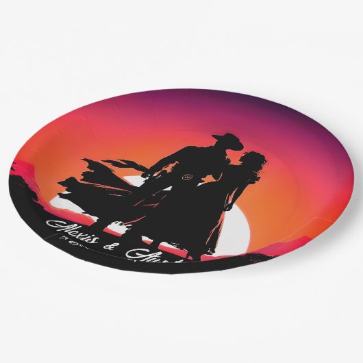 Cowboy en Cowgirl bij zonsondergang Papieren Bordje (Gekanteld)