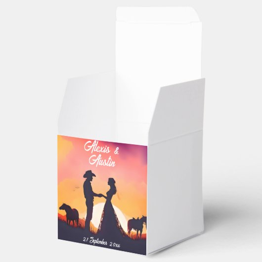 Cowboy en cowgirl bruiloft in silhouet bedankdoosjes (Geopend)