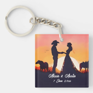 Cowboy en cowgirl bruiloft in silhouet sleutelhanger