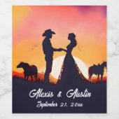 Cowboy en cowgirl bruiloft in silhouet wijn etiket (Enkel label)