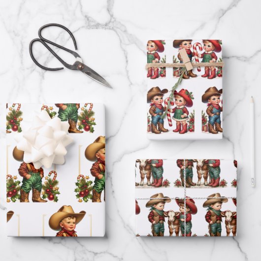 Cowboy en Cowgirl Kinder kerstdagen Inpakpapier Vel (Voorkant)