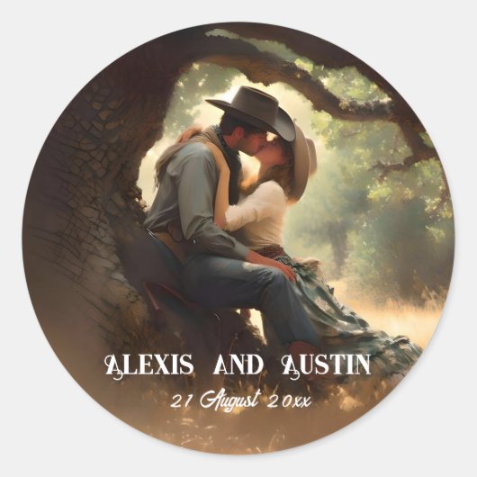 Cowboy en cowgirl kussen bruiloft ronde sticker (Voorkant)