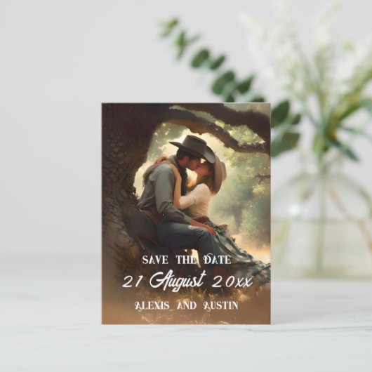 Cowboy en Cowgirl Kussen Save the Date Briefkaart (Staand voorkant)