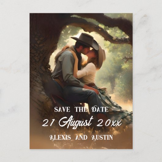 Cowboy en Cowgirl Kussen Save the Date Briefkaart (Voorkant)