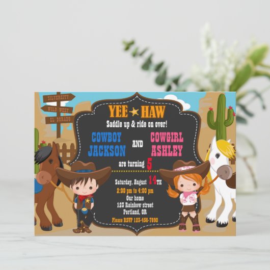Cowboy en Cowgirl uitnodiging Wild West (Staand voorkant)
