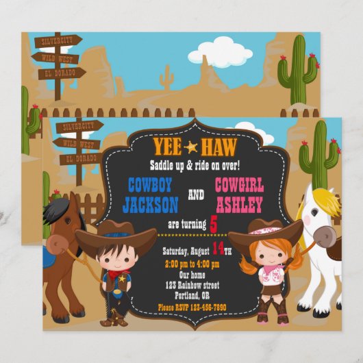 Cowboy en Cowgirl uitnodiging Wild West (Voorkant / Achterkant)