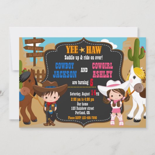 Cowboy en Cowgirl uitnodiging Wild West (Voorkant)