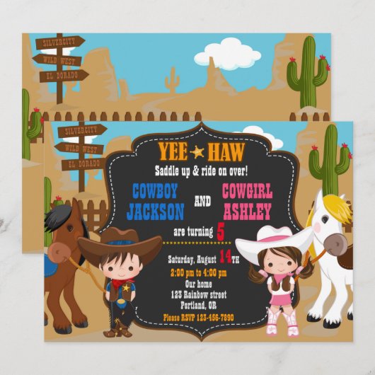 Cowboy en Cowgirl uitnodiging Wild West (Voorkant / Achterkant)