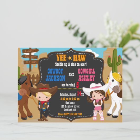 Cowboy en Cowgirl uitnodiging Wild West (Staand voorkant)