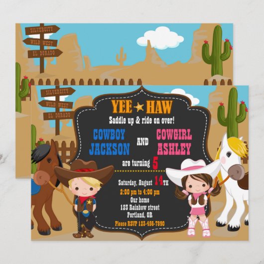 Cowboy en Cowgirl uitnodiging Wild West (Voorkant / Achterkant)