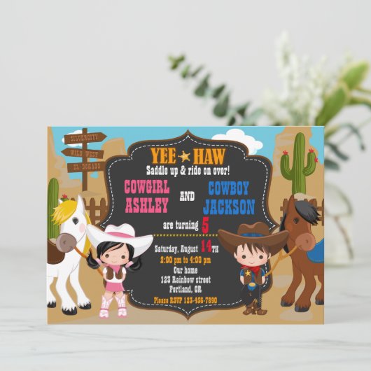 Cowboy en Cowgirl uitnodiging Wild West (Staand voorkant)