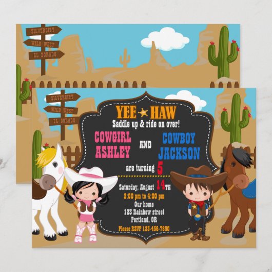 Cowboy en Cowgirl uitnodiging Wild West (Voorkant / Achterkant)