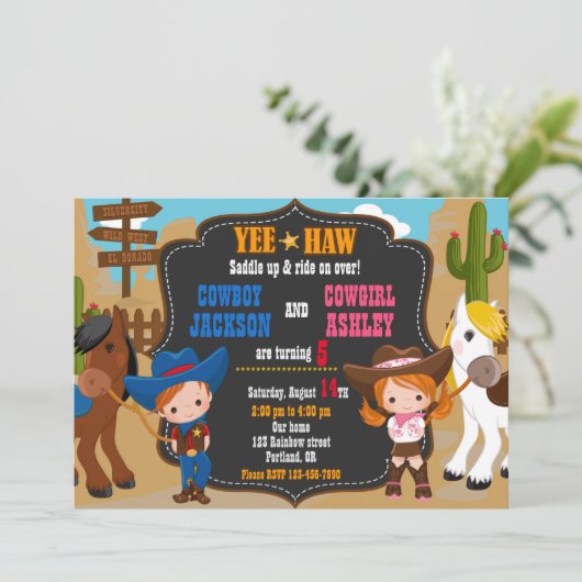 Cowboy en Cowgirl uitnodiging Wild West (Staand voorkant)