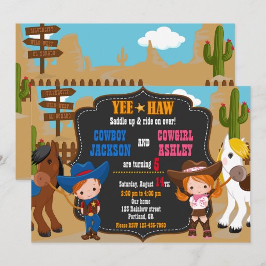 Cowboy en Cowgirl uitnodiging Wild West (Voorkant / Achterkant)
