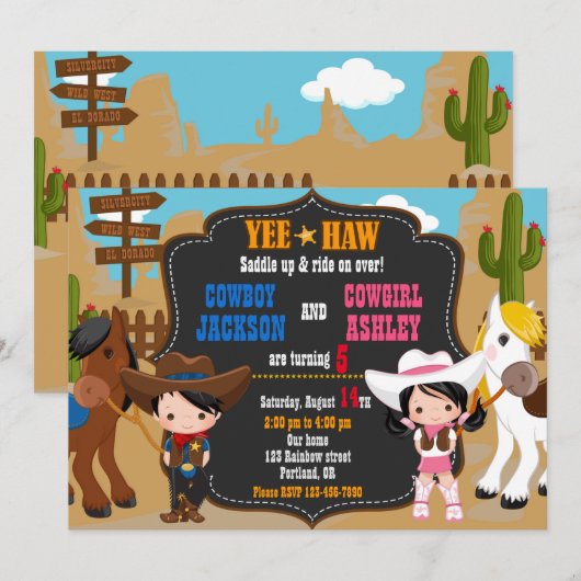 Cowboy en Cowgirl uitnodiging Wild West (Voorkant / Achterkant)