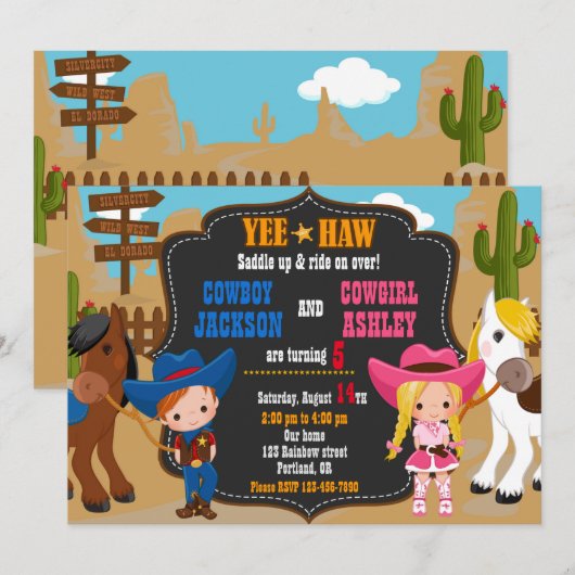 Cowboy en Cowgirl uitnodiging Wild West (Voorkant / Achterkant)