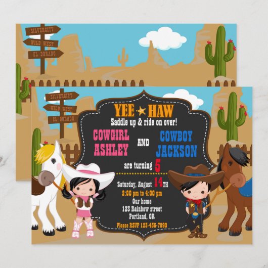 Cowboy en Cowgirl uitnodiging Wild West (Voorkant / Achterkant)