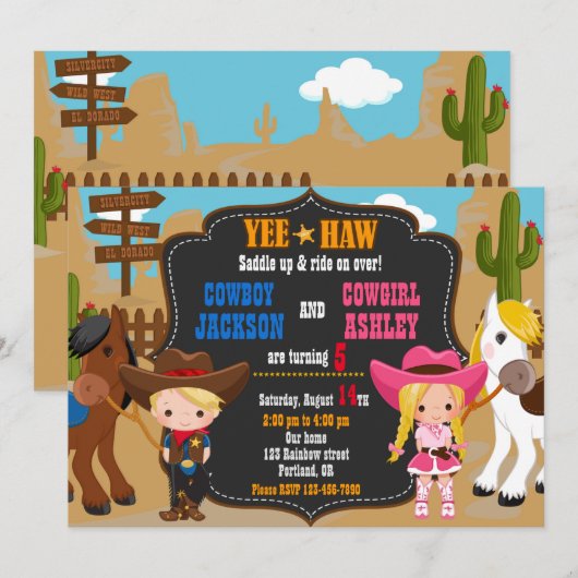 Cowboy en Cowgirl uitnodiging Wild West (Voorkant / Achterkant)