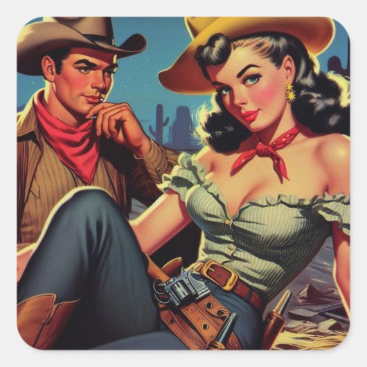  cowboy en cowgirl vierkante sticker (Voorkant)
