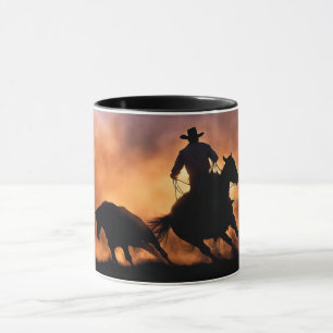 Cowboy en Cutting Horse Steer Bull Sunset Mok