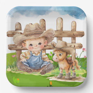 Cowboy en een Pony Horse Boy Baby shower Papieren Bordje