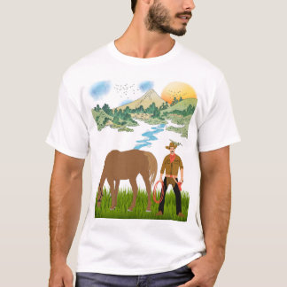 Cowboy en grazende paard berglandschap t-shirt