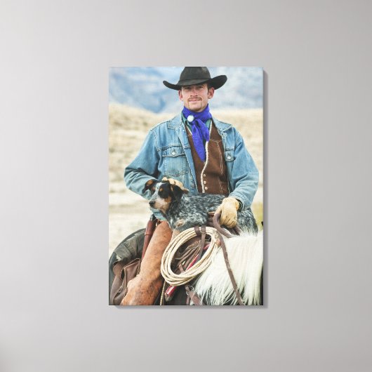 Cowboy en hond op paard canvas afdruk (Voorkant)