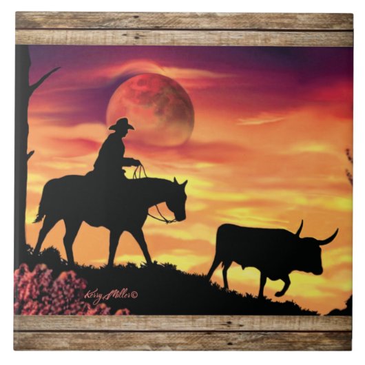 Cowboy en langhoornstier tegeltje (Voorkant)