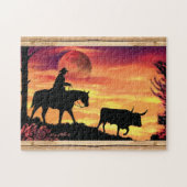 Cowboy en Longhorn Steer Jigzaag Puzzle Legpuzzel (Horizontaal)