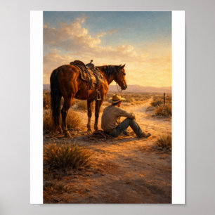 Cowboy en paard bij zonsondergang poster