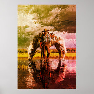 Cowboy en Paard Spiegelende Muurkunst – Western Poster