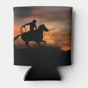 Cowboy en paard touwtrekken en zonsondergang blikjeskoeler
