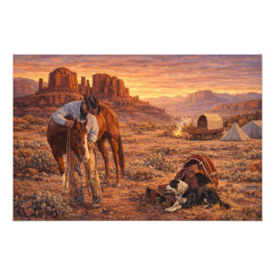 Cowboy en Paard Zonsondergang Foto Afdruk