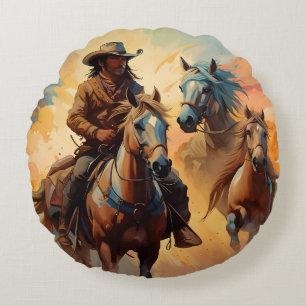 Cowboy en paarden collage Rond Kussen