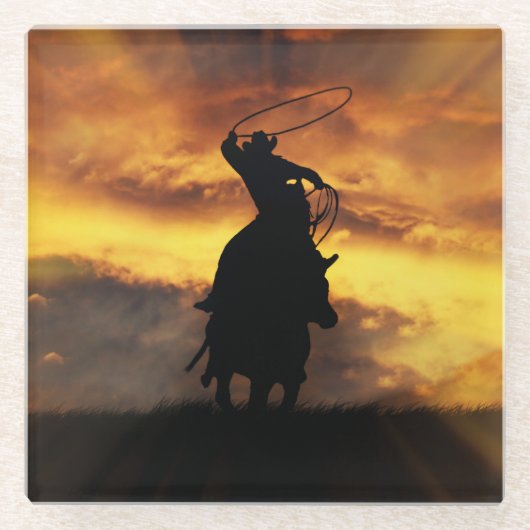 Cowboy en Steer Roping in Sunset Glazen Onderzetter (Voorkant)