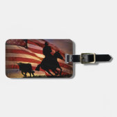 Cowboy en Steer Roping met Amerikaanse vlag Bagagelabel (Voorkant horizontaal)