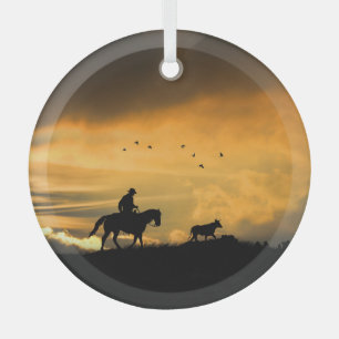 Cowboy en Steer van de veeteelt op zonsondergang Glas Ornament