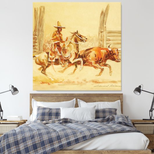Cowboy en Stier door Edward Borein Canvas Afdruk (Insitu (Slaapkamer))