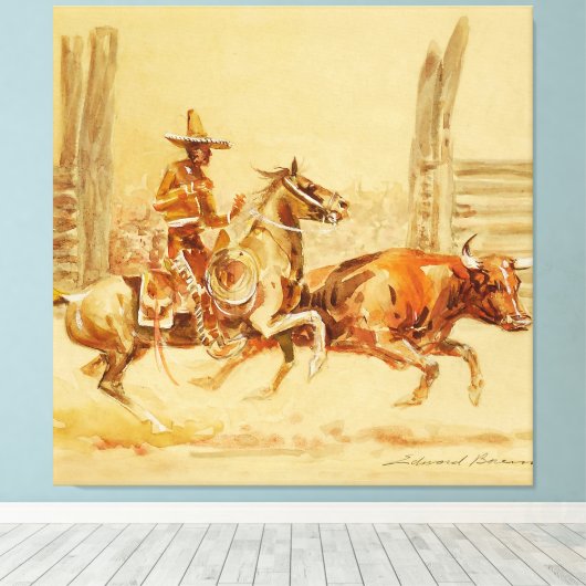 Cowboy en Stier door Edward Borein Canvas Afdruk (Insitu (Houten vloer))