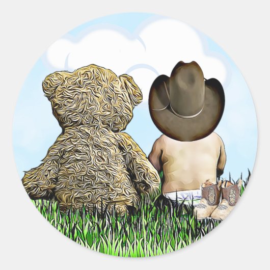 Cowboy en Teddy Bear Baby Boy Ronde Sticker (Voorkant)