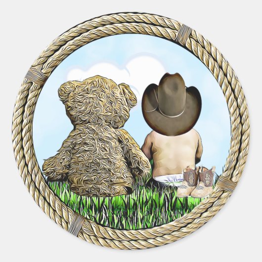 Cowboy en Teddy Bear Baby Boy Ronde Sticker (Voorkant)