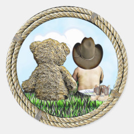 Cowboy en Teddy Bear Baby Boy Ronde Sticker