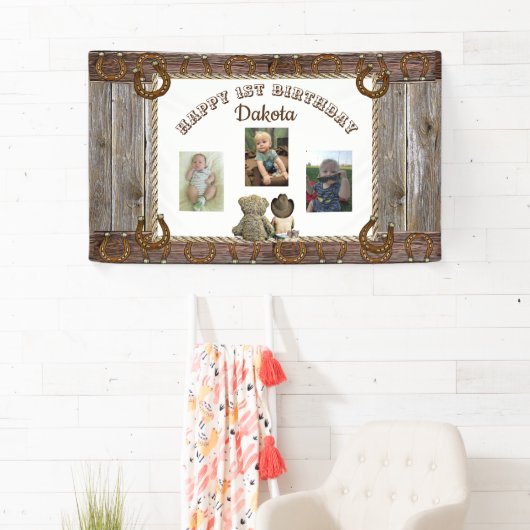 Cowboy en Teddy Beer 1e Verjaardagsfeestbanner Spandoek (Insitu)
