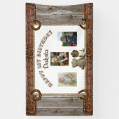 Cowboy en Teddy Beer 1e Verjaardagsfeestbanner Spandoek (Verticaal)